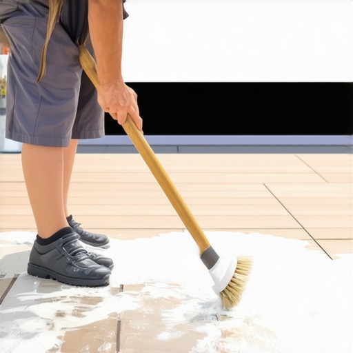 Person cleaning a composite deck to maintain outdoor theater space