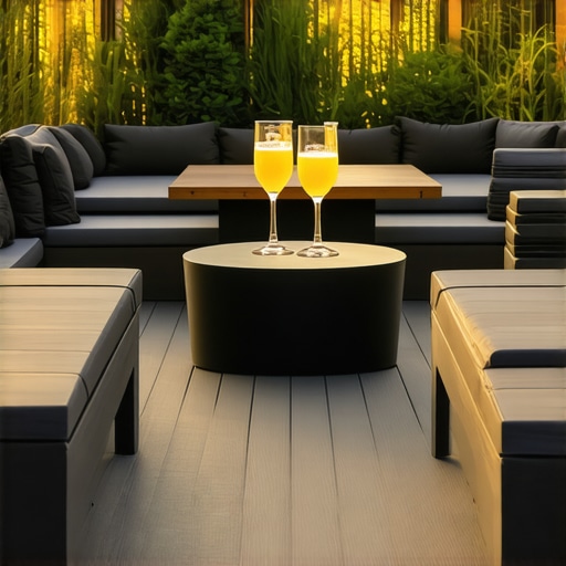 Built-in composite deck bench and cocktail railing for space-saving outdoor hosting.