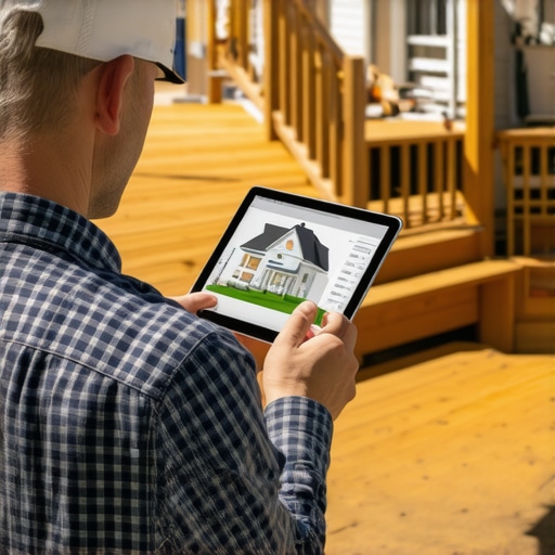Contractor showing a 3D digital walkthrough of a deck project to a client.