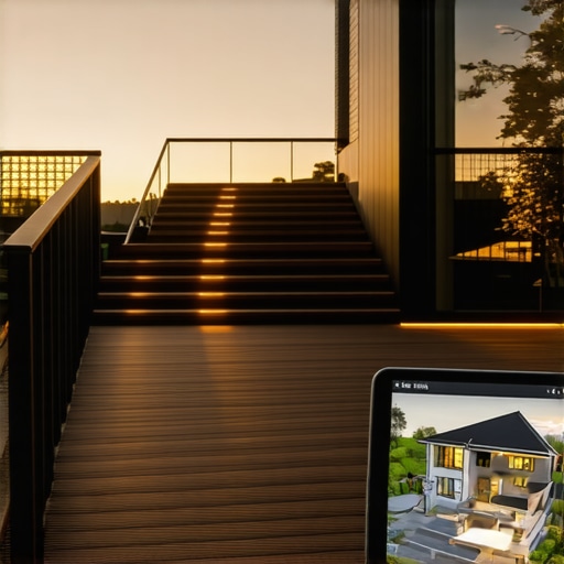 Modern Composite Deck with Digital Planning Tools A high-end composite deck showcasing smart lighting and 3D design software on a tablet.