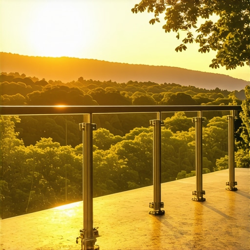 Close-up of a tempered glass deck railing panel with stainless steel hardware overlooking a valley