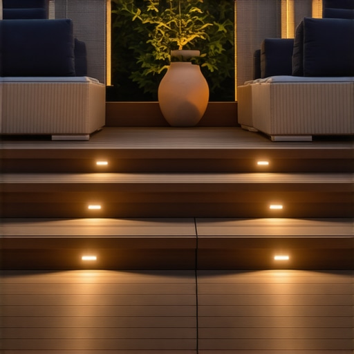 High-end composite deck featuring waterproof furniture and built-in stair lighting for safety.