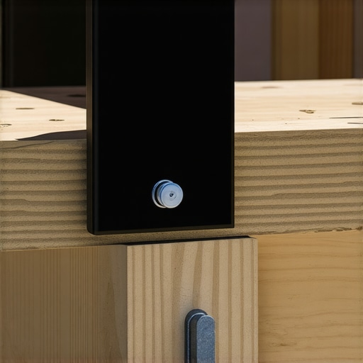 Close-up of a structural bracket securing a black metal railing post to a wooden deck frame using heavy-duty screws.