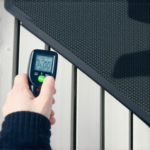 Using an infrared thermometer to check the heat of composite deck boards.