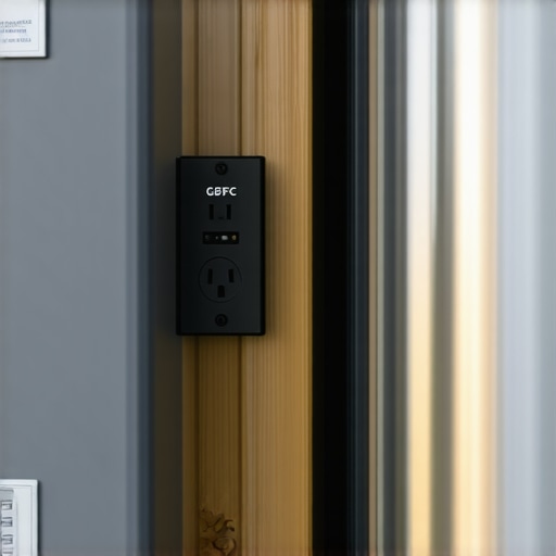 Weatherproof 20-amp electrical outlet box mounted on a deck frame