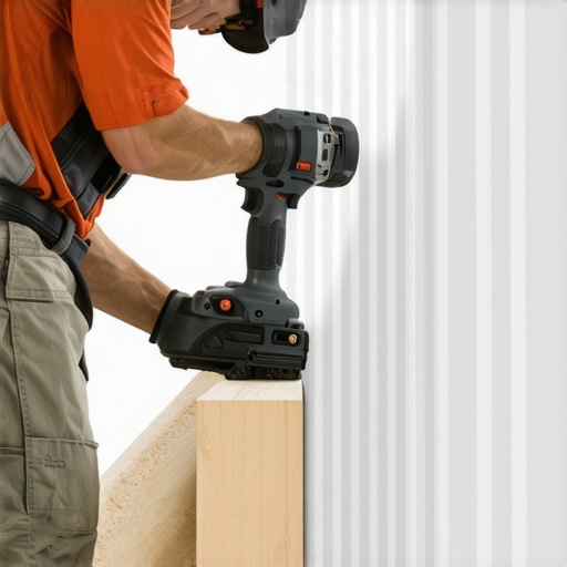 Close-up of a deck builder using a depth-setting bit to install composite fascia screws flush with the board surface.