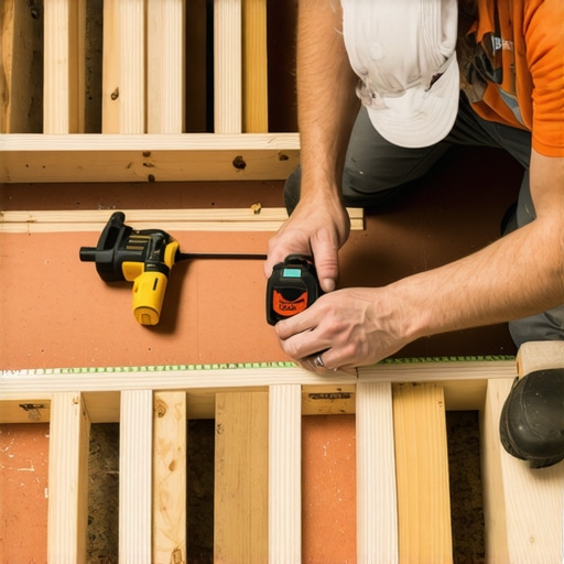 Professional deck builder measuring joist spacing for a composite deck installation.