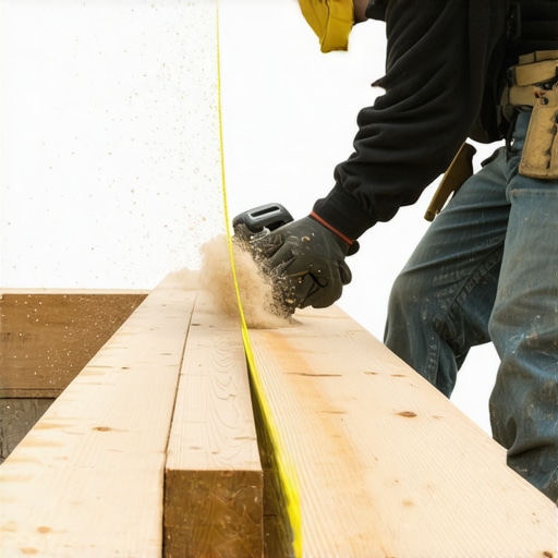 A deck builder uses a power plane to level a joist against a string line for a flat composite surface.