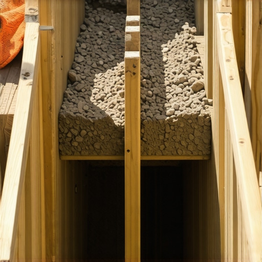 A worker digging and forming a concrete landing pad for outdoor deck stairs