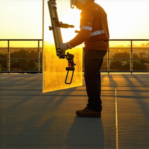 Vacuum suction lifters being used to install glass balusters on a deck.