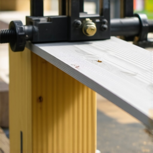 A close-up of a deck builder using a professional board bender to align composite decking boards.