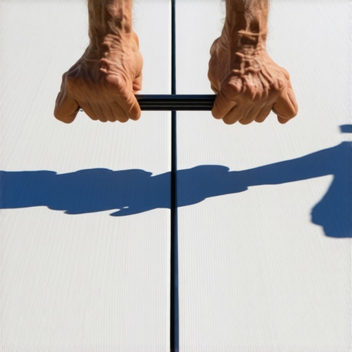 Close up of a deck builder using a lever tool to align composite boards.