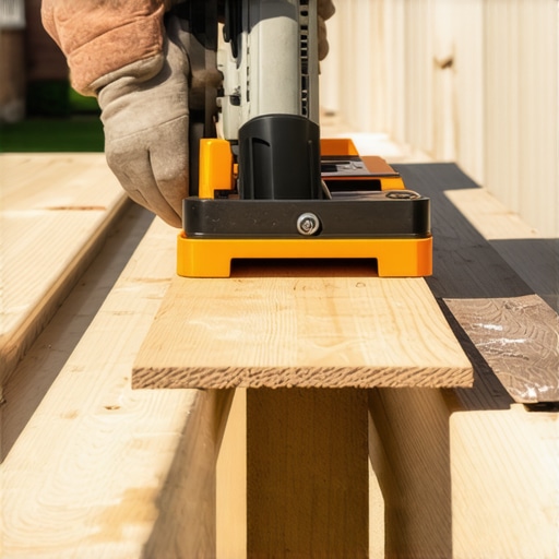 A builder using a board-straightening tool on a composite deck frame