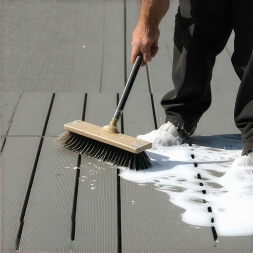 Professional Composite Deck Cleaning Tools Soft bristle brush cleaning a composite deck surface