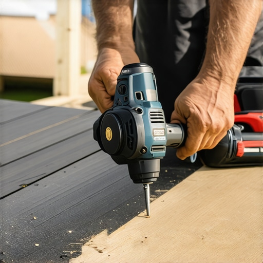 A contractor using an impact driver to install composite decking on black-painted joists.