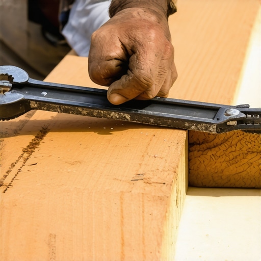 Professional Deck Board Straightening Tool in Action Contractor using a Bowwrench to align composite decking boards perfectly.