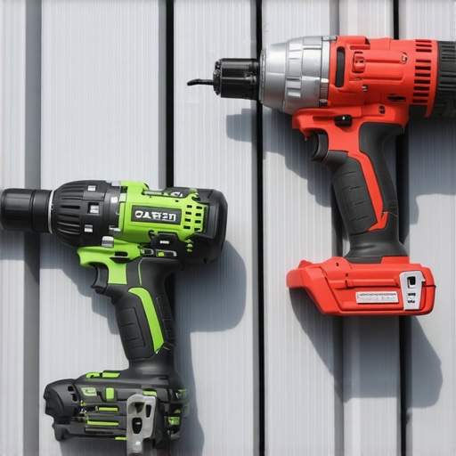Close-up of an impact driver and deck jig on gray composite decking.