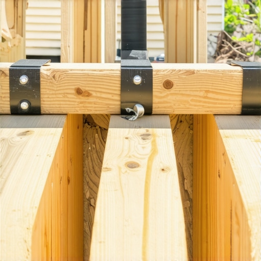 A professional deck builder applying black joist tape to a wooden frame with tight joist spacing for a composite deck.