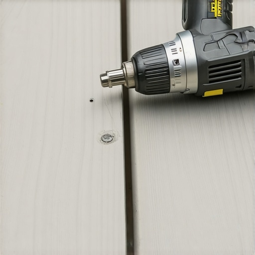 Close up of impact driver installing hidden fasteners on composite decking