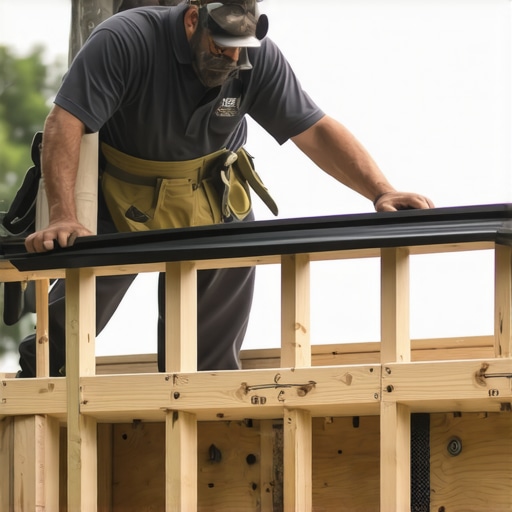 A worker applying waterproof joist tape to a deck frame to prevent wood rot under composite decking.