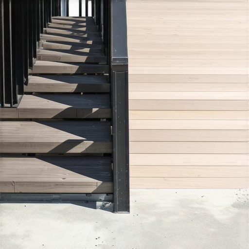 Wide deck stairs with 6x6 post supports and concrete landing pad.