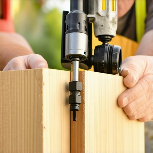 Professional Deck Tooling and Hardware Installation A contractor securing structural brackets on a composite deck staircase using an impact driver.