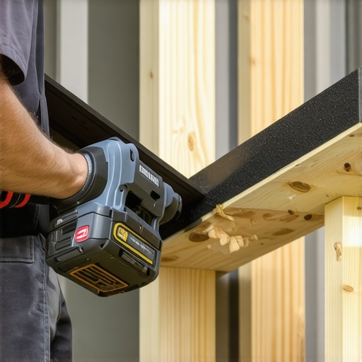 Close-up of composite deck installation featuring joist tape and professional power tools.