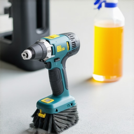 Impact driver and cleaning supplies on a modern composite deck surface.