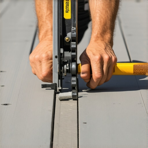 Close up of a deck builder using a Marksman tool for hidden fasteners on composite decking