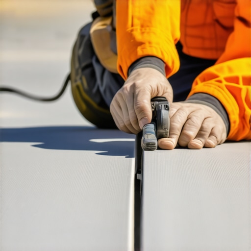 A contractor using a lever tool to align composite deck boards for a perfect finish.