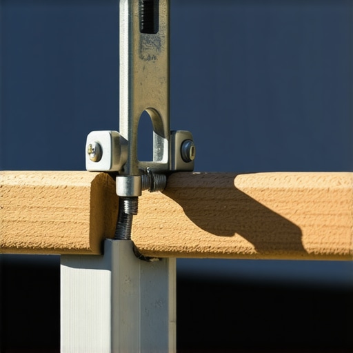 A person using a hydraulic crimper to secure a stainless steel cable fitting on a modern outdoor deck railing.