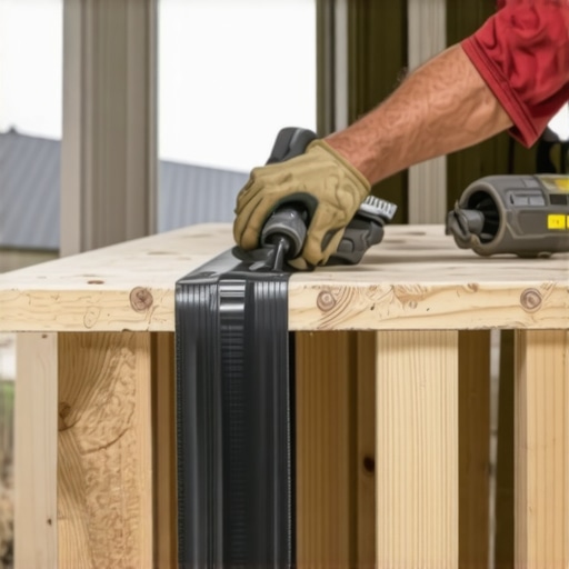 Close-up of black joist tape being applied to the top of a wooden deck frame to prevent rot.