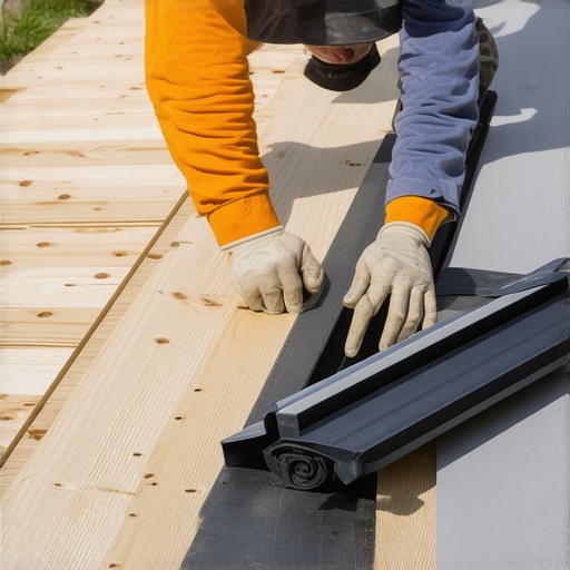 A contractor applying protective black tape to deck joists to prevent rot and improve aesthetics under composite decking.