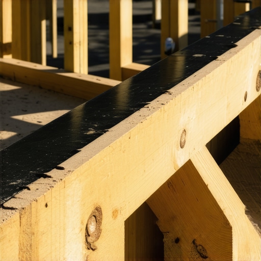 A worker applying black butyl flashing tape to a wooden deck joist to prevent rot.