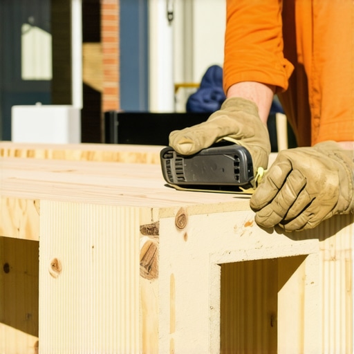 A contractor applying protective joist tape to a deck frame to prevent wood rot.