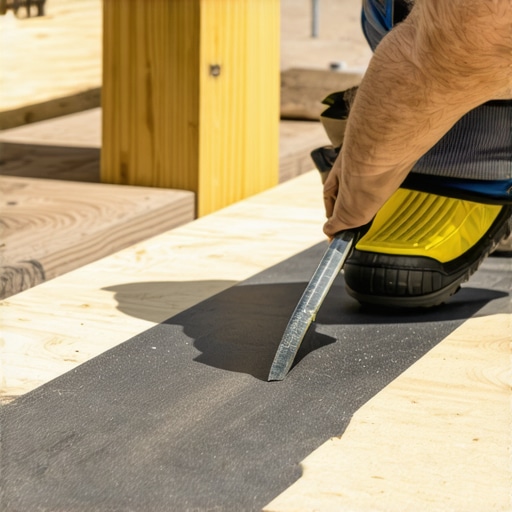 Builder applying protective butyl joist tape to a deck frame to prevent wood rot.