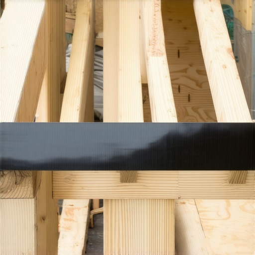 A deck builder applying waterproof butyl joist tape to a wooden frame to prevent rot.