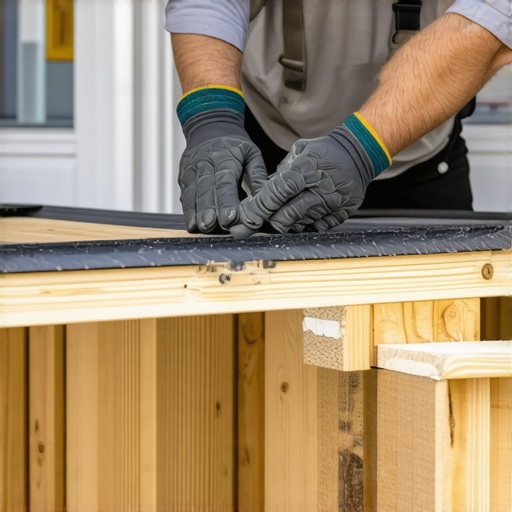Professional Joist Tape Installation Close-up of deck builder applying waterproof joist tape to a wooden frame.