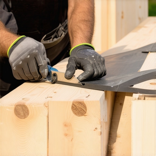 Builder applying protective butyl tape to deck joists to prevent rot