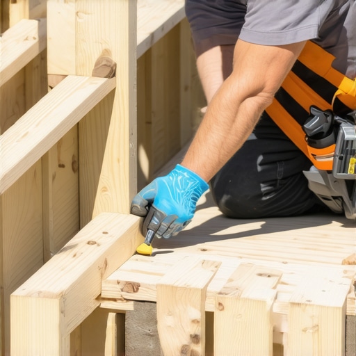 A close-up of structural screws and double-blocking being used to reinforce the stringers of a composite deck staircase.