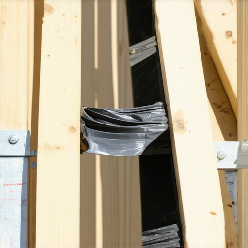 Professional Stair Framing with Joist Protection Close-up of 12-inch stair stringer spacing with protective joist tape for composite decking.