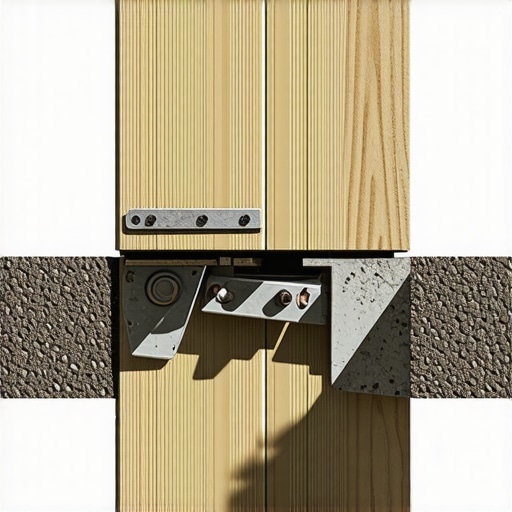 Close-up of a deck stair stringer with a metal bracket reinforcement to prevent wood cracking.