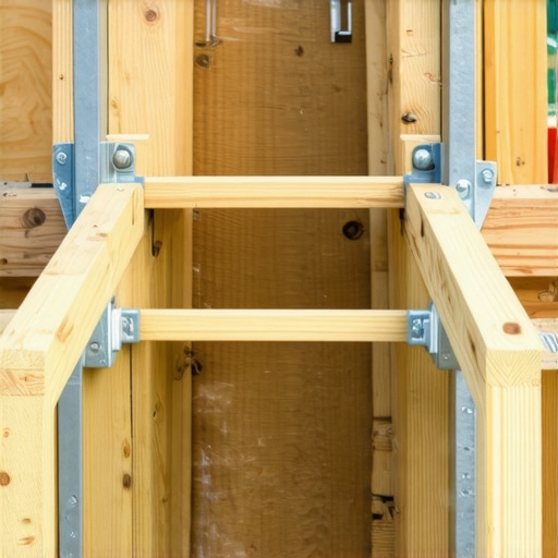 Close-up of metal brackets and blocking in deck stair framing