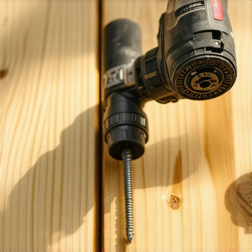 Close-up of an impact driver installing a structural screw on a deck frame.