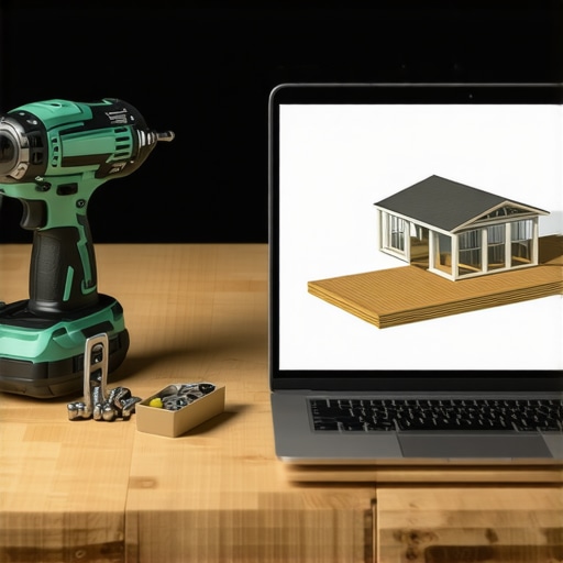 Professional Tools and Digital Planning for Composite Decks A laptop showing a 3D deck design next to an impact driver and structural hardware.
