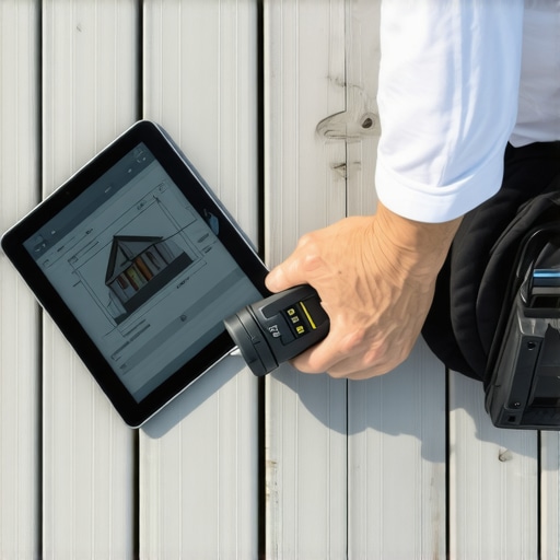 Professional Tools for Composite Deck Installation Builder using hidden fasteners on a composite deck with digital design software nearby