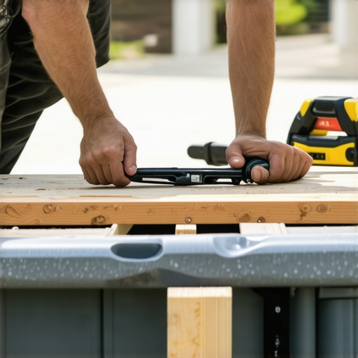 Professional Tools for Hot Tub Deck Construction Close-up of a deck builder using specialized tools to align composite boards around a spa.