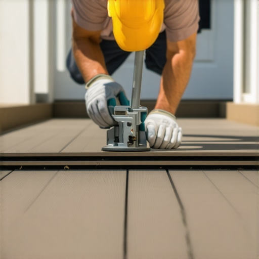 A contractor using a board lever tool to tighten gaps on a composite stair landing