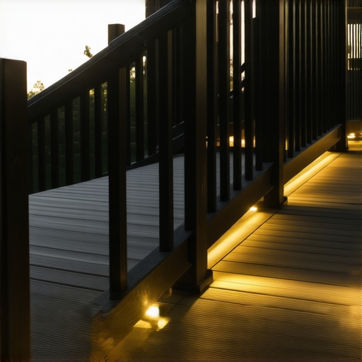 Warm LED lights mounted under deck railings to eliminate glare on composite boards.