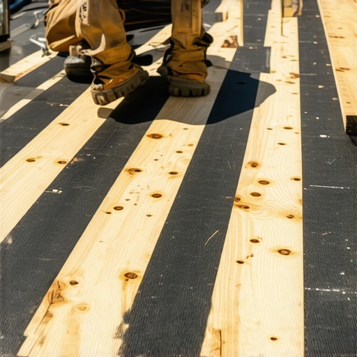 Professional deck substructure with 12-inch joist spacing Close-up of professional deck framing for composite boards with joist tape.
